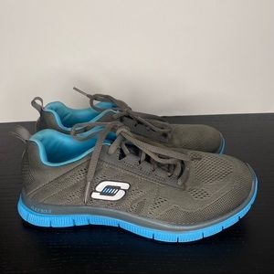 Skechers grey blue flex appeal shoes Skech knit